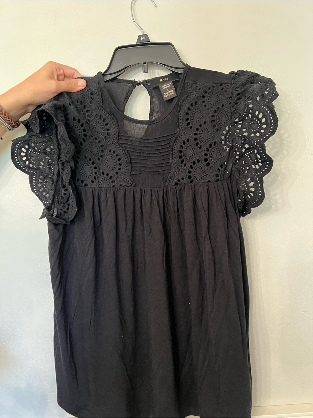 Black Eyelet Flutter-Sleeve  shirt - Women's